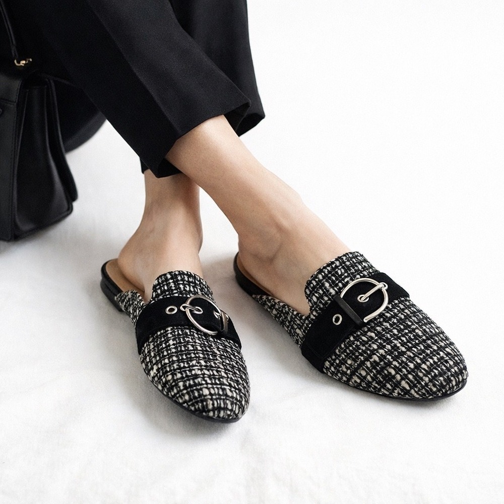 Talbots Women‎ Black White Tweed Mule Loafers 9.5 Buckle Slip On Classic Preppy